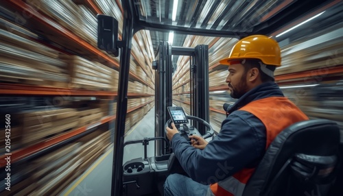 There is a man driving a forklift with a cell phone in his hand