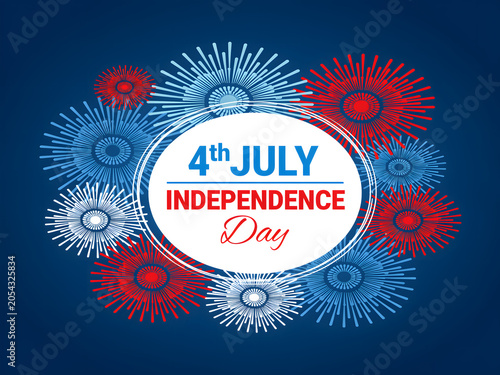 Independence day greeting card design with festive fireworks and text on dark blue ground.