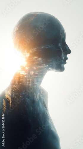 Futuristic digital human silhouette with glowing light, abstract cityscape overlay, symbolizing artificial intelligence, technological evolution. Modern art blending humanity, innovation