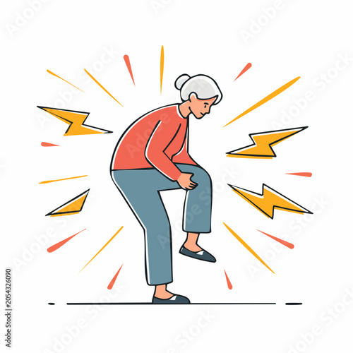 Elderly Woman Experiencing Knee Pain with Lightning Bolt Symbols