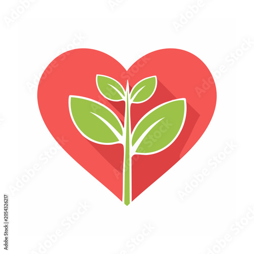 Red heart with green leaf vector icon