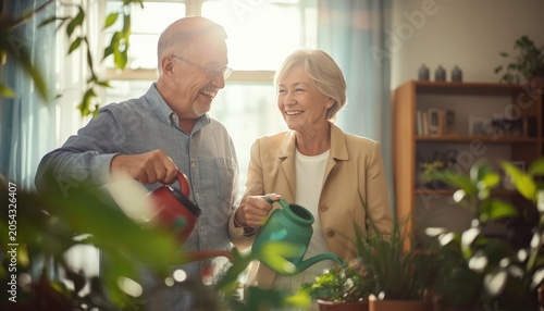Older man and woman watering plants together in a sunny living room