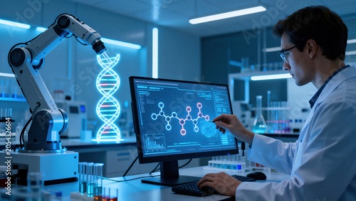 Scientist working with DNA and robotic arm