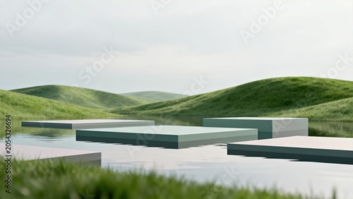 Modern platforms in serene landscape