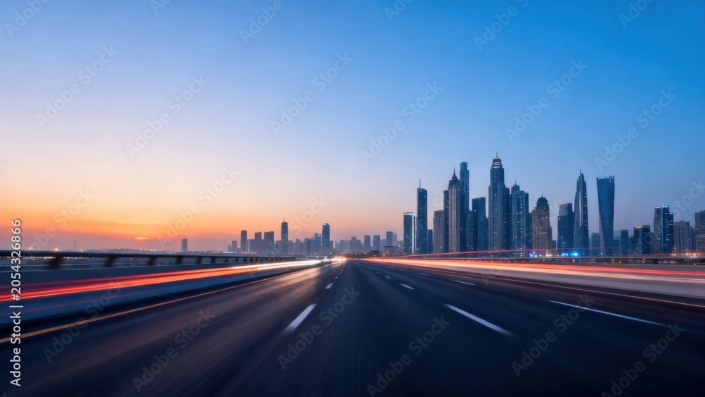 Obraz premium Highway at dusk with city skyline