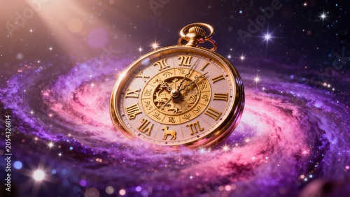 Golden pocket watch in cosmic space