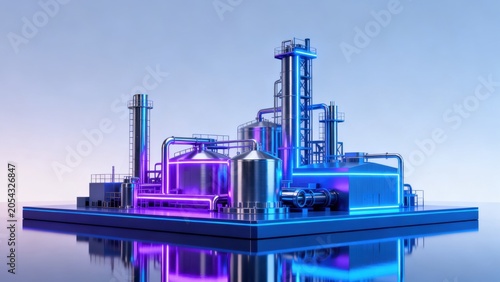 Futuristic industrial facility with neon lights