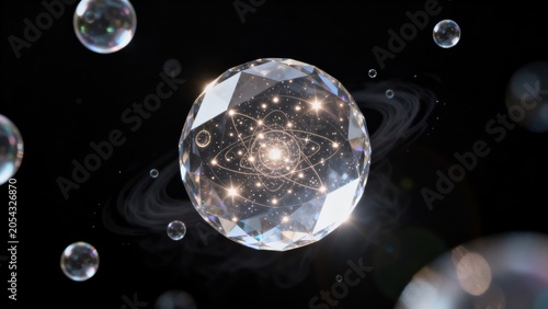 Crystal sphere with starry core and orbiting bubbles