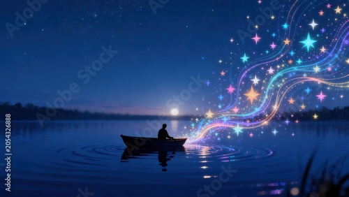 Person in boat with starry trail on water