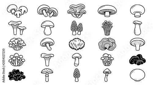 Mushroom outline icon set with editable vector fungi collection