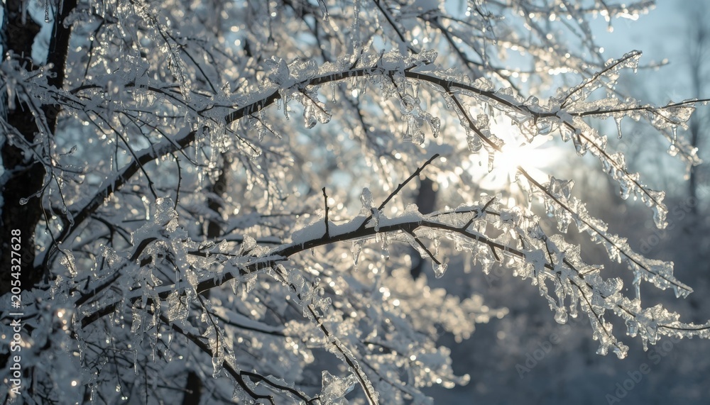 Obraz premium There is a bird perched on a branch of a tree covered in ice