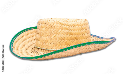 Straw hat  with green ribbon on transparent PNG