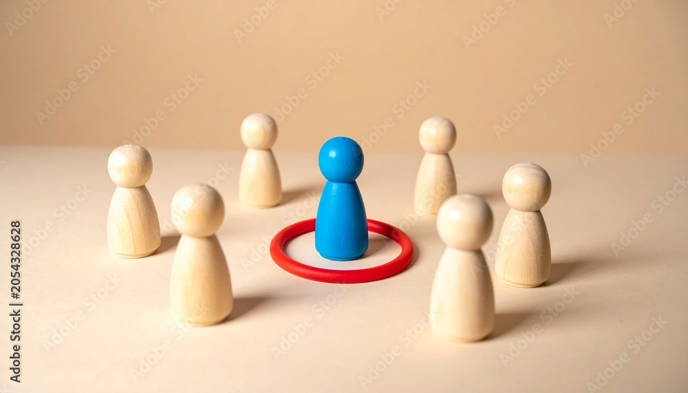Obraz premium Blue Wooden Peg Figure inside Red Ring Surrounded by Crowd Leadership and Focus Concept