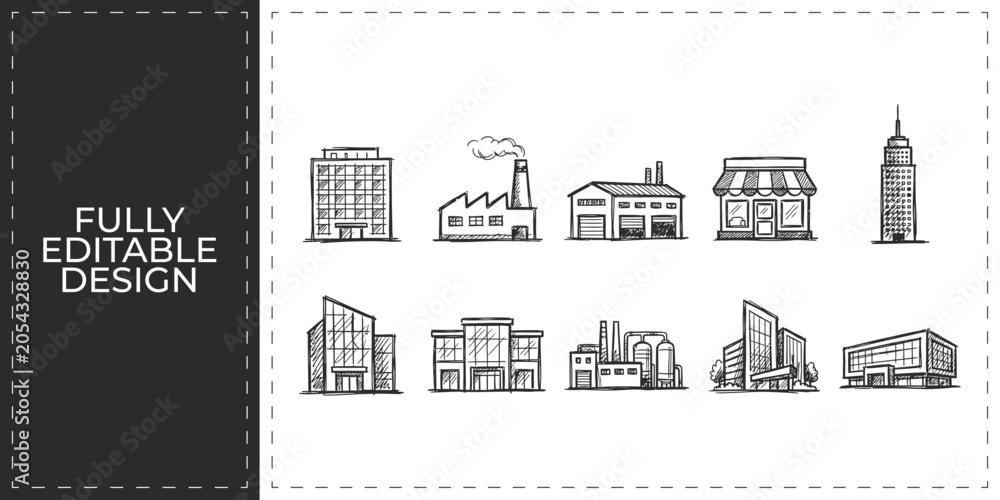Fototapeta premium Real estate and urban architecture hand drawn doodle icons set featuring city buildings and house symbols for property management and rental agency marketing