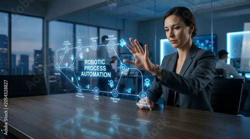 Robotic Process Automation Technology with Hand and Workflow Hologram