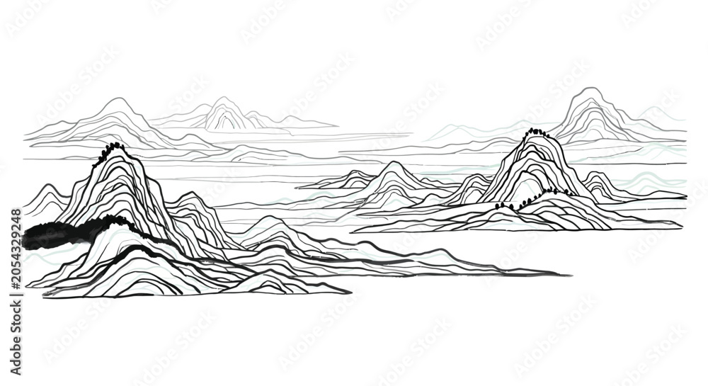 Fototapeta premium Mountain range landscape illustration with ink wash effect black and white silhouette