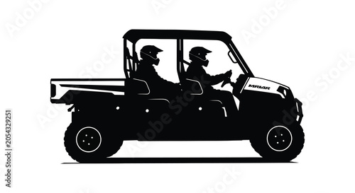 Side by side utility vehicle with two drivers black silhouette atv transportation