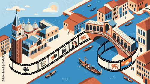Obraz na płótnie An imaginative flat design illustration of a film strip winding through iconic Venetian landmarks, symbolizing the city's narrative connection to cinema