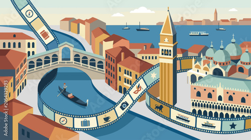 Foto An imaginative flat design illustration of a film strip winding through iconic Venetian landmarks, symbolizing the city's narrative connection to cinema