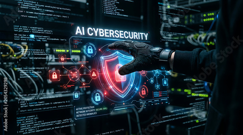 AI Cybersecurity Concept with Hand and Glowing Digital Shield Hologram