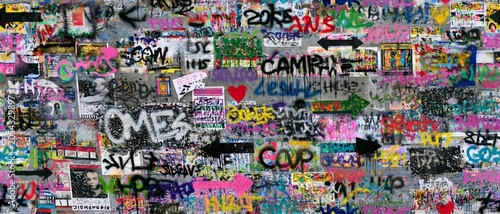 Chaotic graffiti wall background with layered street art, colorful tags, paint splatters, torn posters, stencil elements, and expressive urban textures in a mixed media collage.