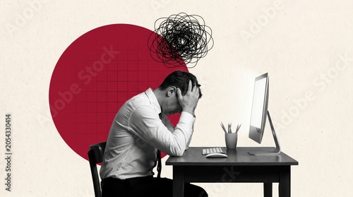 Stressed businessman at desk office digital art minimalist frontal view anxiety visualization