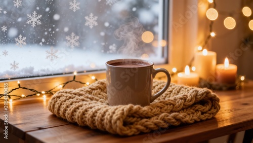 Warm drink by window with snowy view