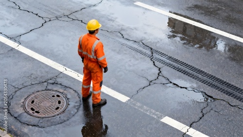 Worker in orange uniform on wet road