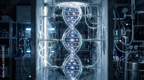 DNA genetic structure suspended within a pressurized glass tube in a sterile research facility.