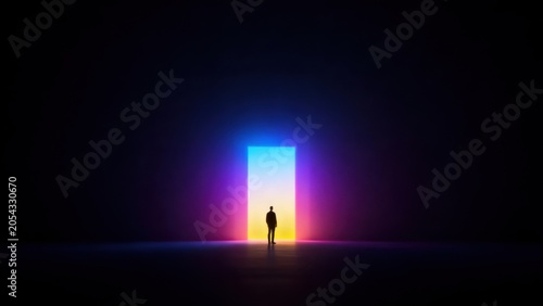 Silhouette of person standing before glowing doorway