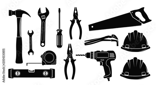 Foto Collection Of Construction Tools In Black Silhouette hardware equipment instrume