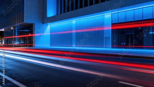 Nighttime city street with light trails