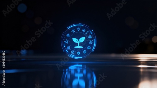 Blue glowing circular icon with plant symbol