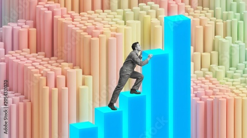 Business growth climbing digital bar graphs in a surreal environment