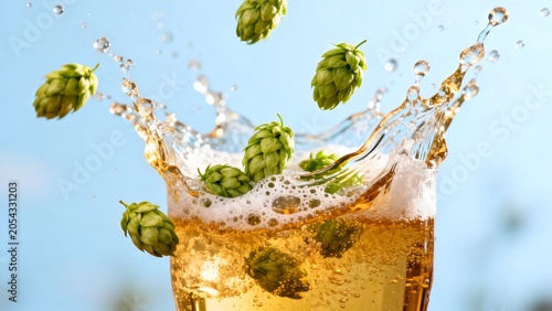 Beer splash with hops in glass