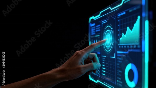 Hand interacting with futuristic digital interface