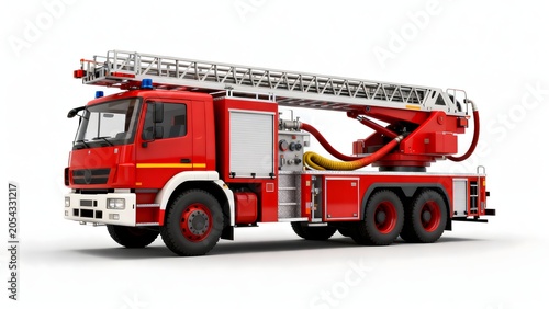 Red fire truck with extended ladder