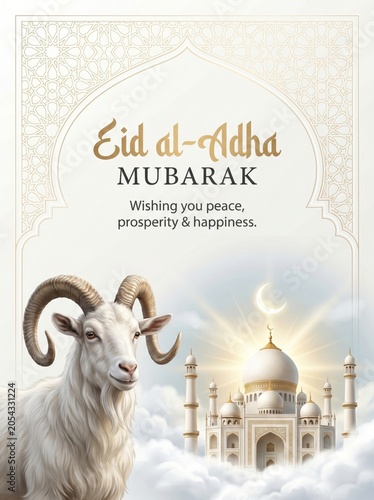 Festive eid al-adha greeting card white goat & mosque aesthetic