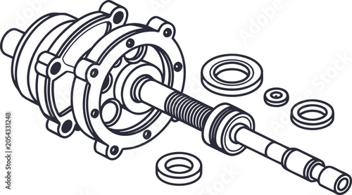 Exploded view of a hydraulic pump with shaft, bearings, and seals