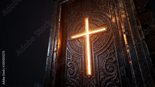 Ornate door with glowing cross
