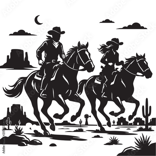 Cowboy and cowgirl riding horses vector illustration on white background 