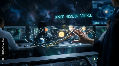 Space Mission Control Technology with Hand and Solar System Hologram