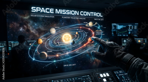 Space Mission Control Technology with Hand and Solar System Hologram