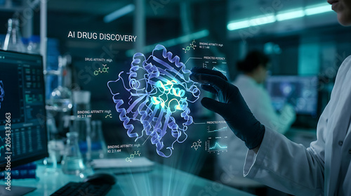 AI Drug Discovery Technology with Hand and Protein Folding Hologram