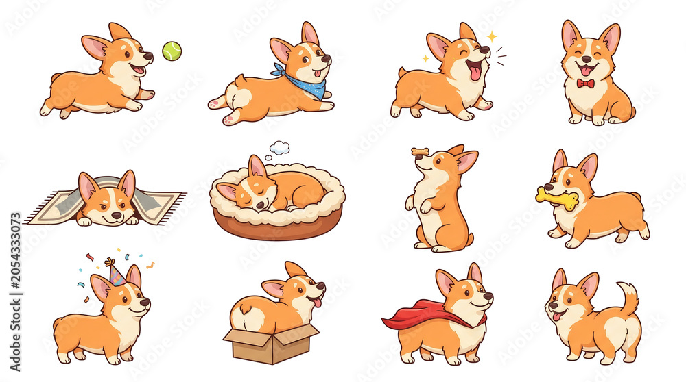 Obraz premium Set of cute cartoon corgi dogs in various poses on transparent background. Collection of funny puppy characters for design, sticker, and animation. Energetic and playful pet mascot.