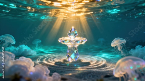 Underwater crystal structure with jellyfish