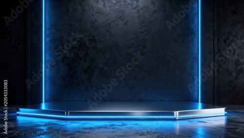 Blue neon illuminated stage platform
