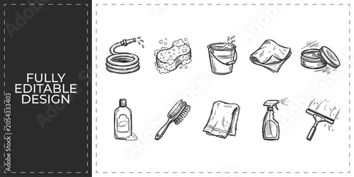 Quadro su tela House cleaning and hygiene maintenance hand drawn doodle icons set featuring mop