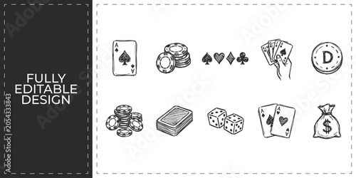 Foto Casino gambling and poker game hand drawn doodle icons set featuring playing car