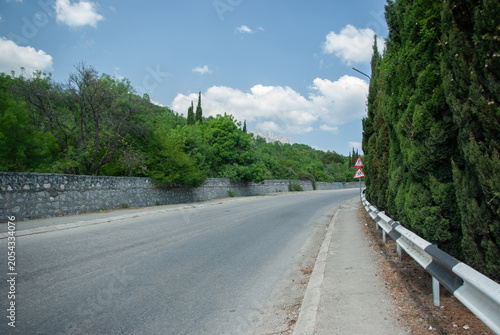 Asphalt road winding through green trees and tall cypresses under a blue sky with white clouds.